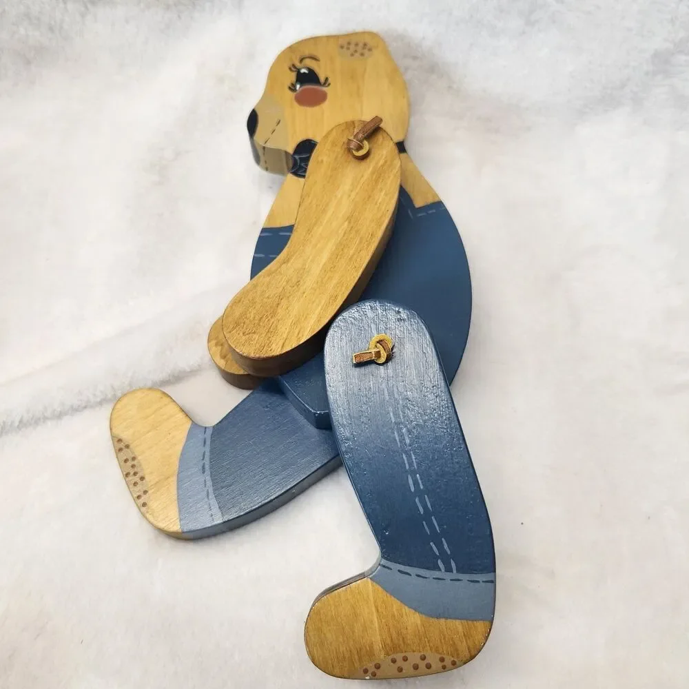 Vintage Handmade Wooden Teddy Bear Figurine Seated Articulated Nursery Blue Jean